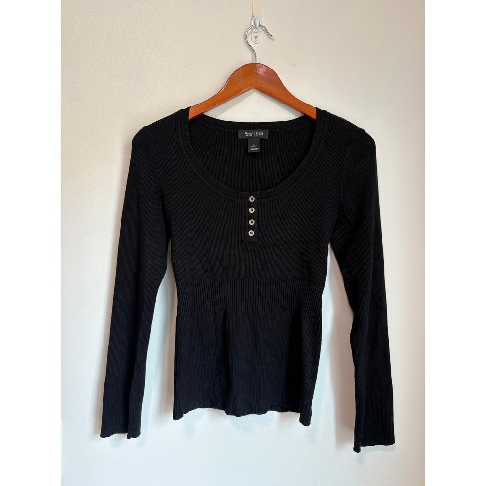 White House Black Market Black Ribbed Henley Top Long Sleeve Button Cuff Large